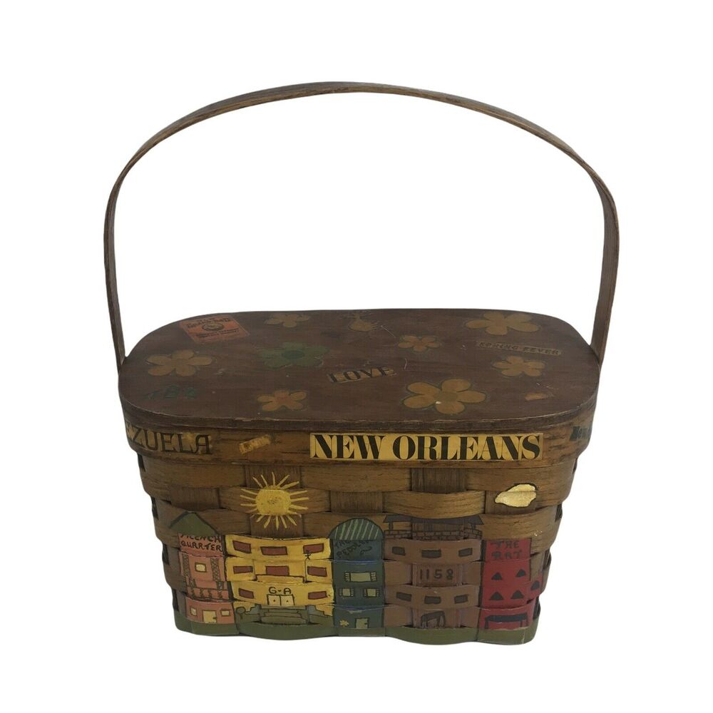 Vtg Woven Basket Purse Hand Painted Spoil Yourself‎ Short Stay Travel